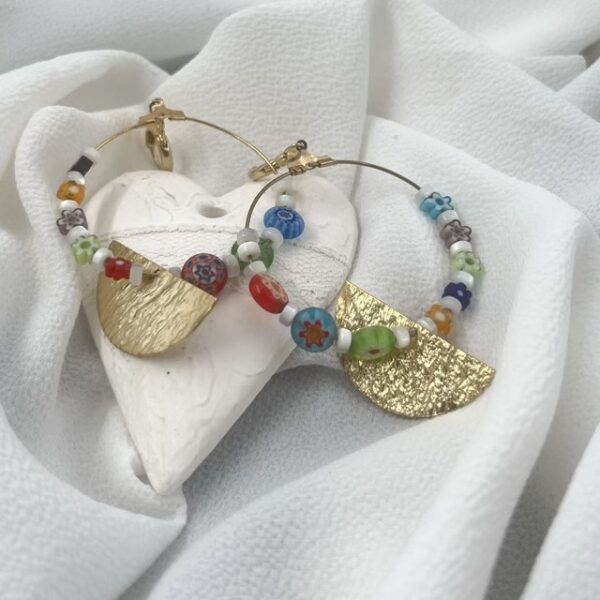Boucles D'oreilles Créoles Perle Pâte De Verre - Plaqué Or Jaune 14k Fait Main - Neuf Avec étiquettes